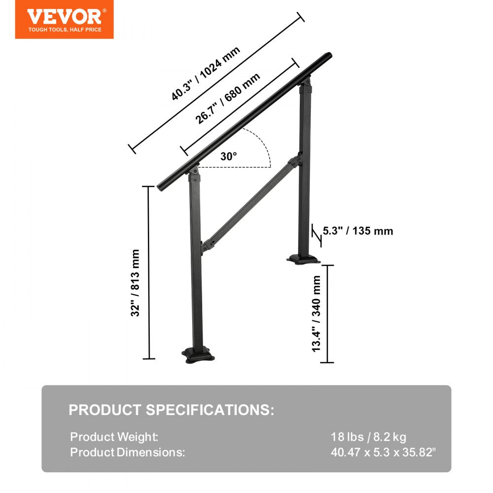 Diagram of adjustable 3 ft carbon steel outdoor stair handrail with dimensions and 0-50 degree angle.
