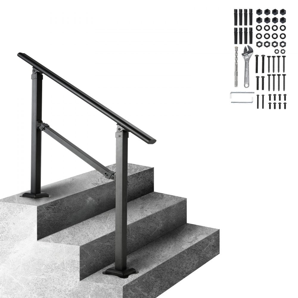 Black adjustable carbon steel handrail installed on outdoor concrete steps with included hardware kit.