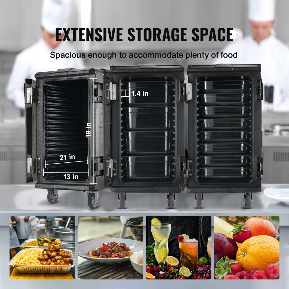 Insulated Food Pan Carrier, 109 Qt Hot Box for Catering, LLDPE Food Box Carrier w/Double Buckles, Front Loading Food Warmer w/Handles, End Loader w/Wheels for Restaurant, Canteen, etc. Black