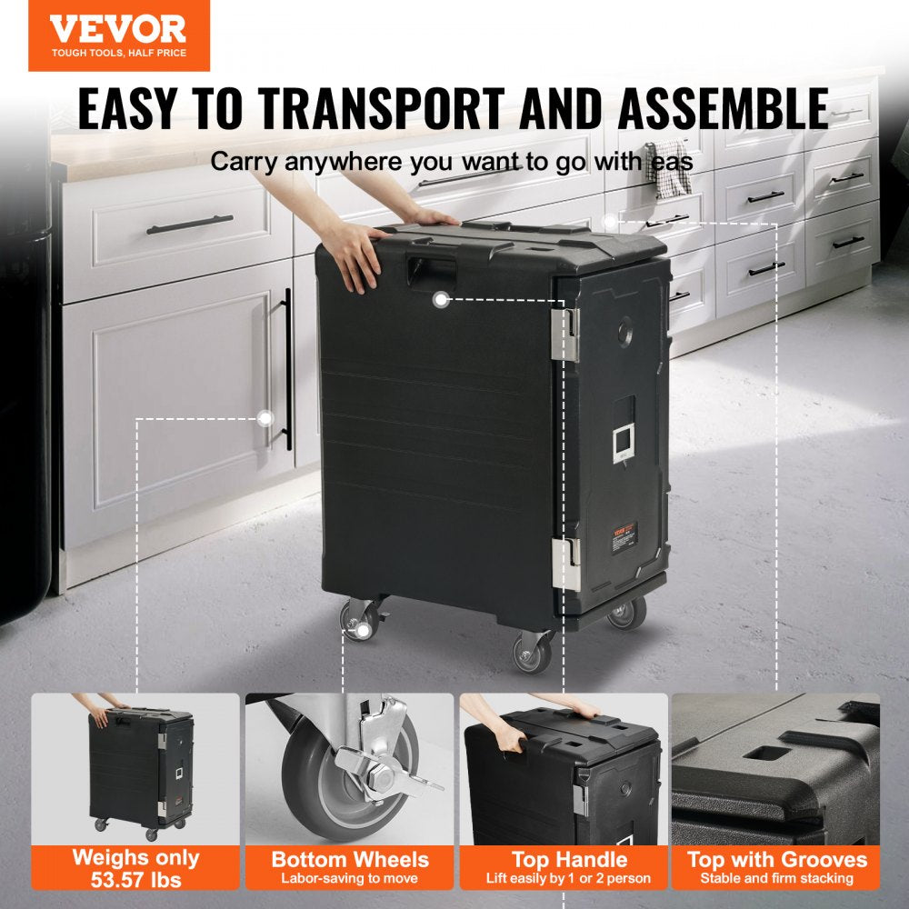Insulated Food Pan Carrier, 109 Qt Hot Box for Catering, LLDPE Food Box Carrier w/Double Buckles, Front Loading Food Warmer w/Handles, End Loader w/Wheels for Restaurant, Canteen, etc. Black