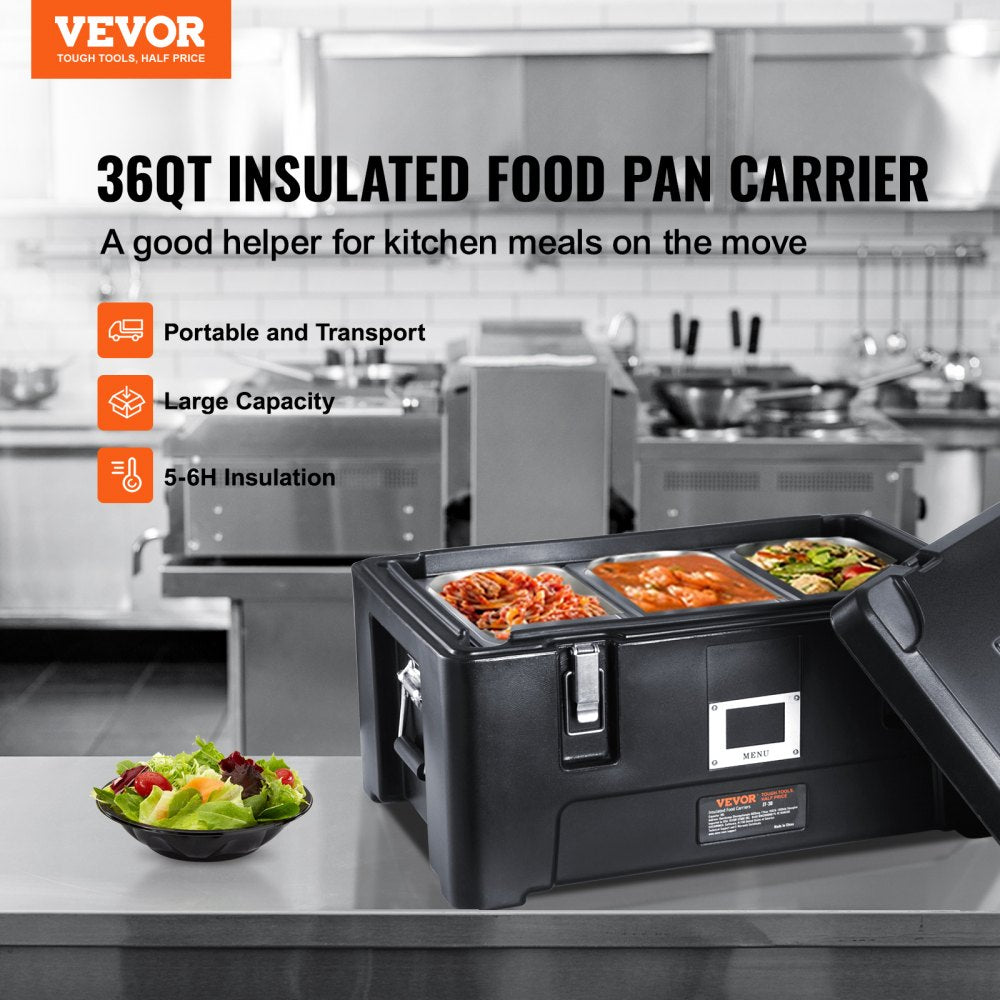 Insulated Food Pan Carrier, 36Qt Capacity, Stackable Catering Hot Box w/ 3 Stainless Steel Pans, Top Load LLDPE Food Warmer w/Elastic Side Handles and Buckles, for Restaurant Canteen, Black