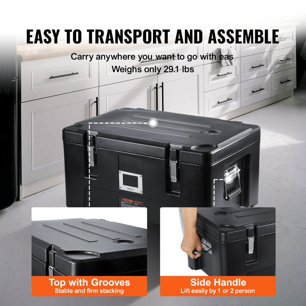 Insulated Food Pan Carrier, 36Qt Capacity, Stackable Catering Hot Box w/ 3 Stainless Steel Pans, Top Load LLDPE Food Warmer w/Elastic Side Handles and Buckles, for Restaurant Canteen, Black