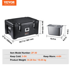 Insulated Food Pan Carrier, 36Qt Capacity, Stackable Catering Hot Box w/ 3 Stainless Steel Pans, Top Load LLDPE Food Warmer w/Elastic Side Handles and Buckles, for Restaurant Canteen, Black