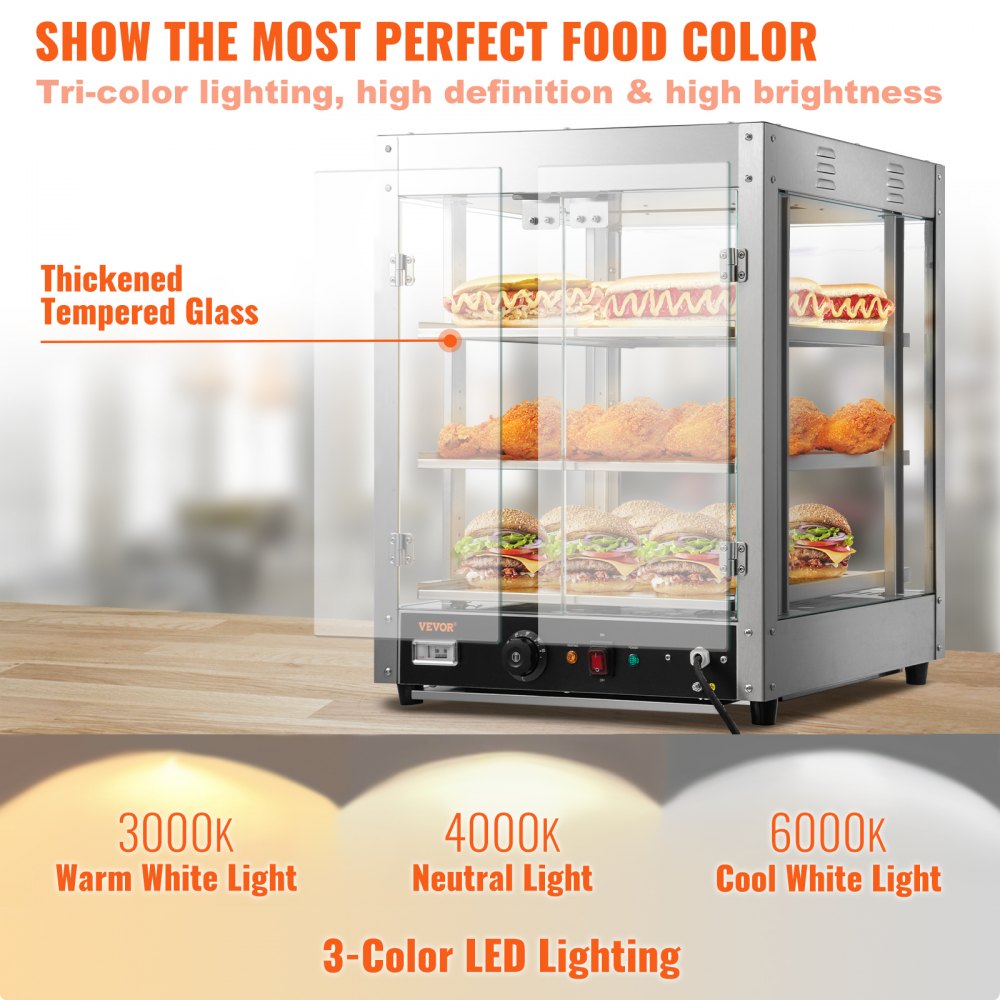 3-Tier Commercial Food Warmer Countertop Pizza Cabinet with Water Tray