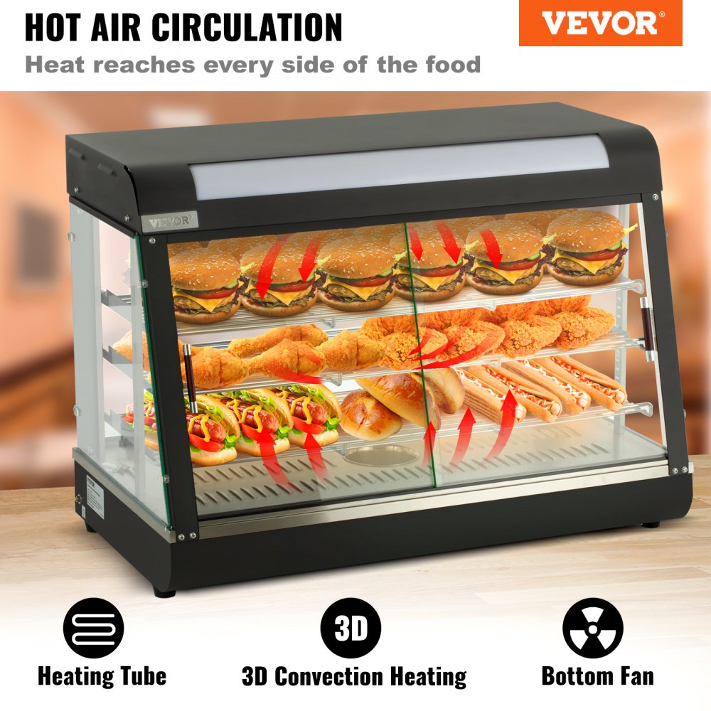 Commercial Food Warmer Display, 3 Tiers, 1800W Pizza Warmer w/ 3D Heating 3-Color Lighting Bottom Fan, Countertop Pastry Warmer w/Temp Knob Display 0.6L Water Tray, Stainless Frame Glass Doors