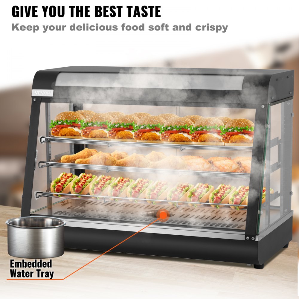 Commercial Food Warmer Display, 3 Tiers, 1800W Pizza Warmer w/ 3D Heating 3-Color Lighting Bottom Fan, Countertop Pastry Warmer w/Temp Knob Display 0.6L Water Tray, Stainless Frame Glass Doors