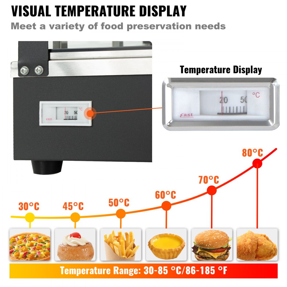 Commercial Food Warmer Display, 3 Tiers, 1800W Pizza Warmer w/ 3D Heating 3-Color Lighting Bottom Fan, Countertop Pastry Warmer w/Temp Knob Display 0.6L Water Tray, Stainless Frame Glass Doors