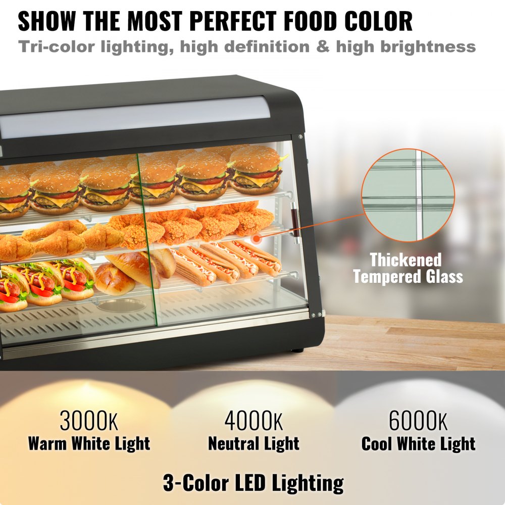 Commercial Food Warmer Display, 3 Tiers, 1800W Pizza Warmer w/ 3D Heating 3-Color Lighting Bottom Fan, Countertop Pastry Warmer w/Temp Knob Display 0.6L Water Tray, Stainless Frame Glass Doors
