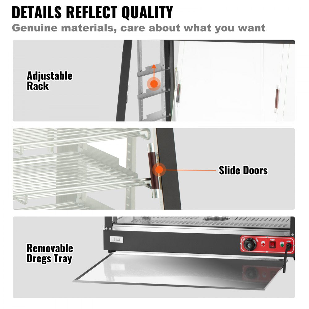 Commercial Food Warmer Display, 3 Tiers, 1800W Pizza Warmer w/ 3D Heating 3-Color Lighting Bottom Fan, Countertop Pastry Warmer w/Temp Knob Display 0.6L Water Tray, Stainless Frame Glass Doors
