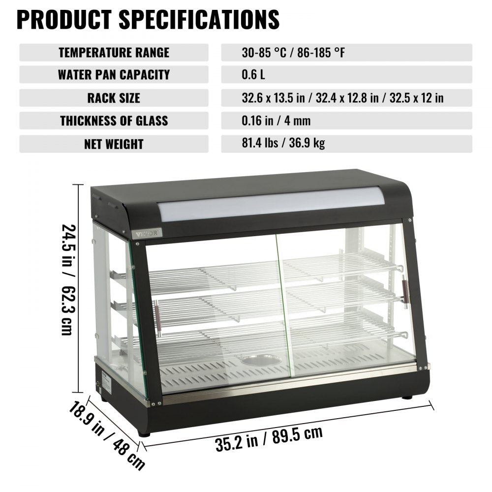 Commercial Food Warmer Display, 3 Tiers, 1800W Pizza Warmer w/ 3D Heating 3-Color Lighting Bottom Fan, Countertop Pastry Warmer w/Temp Knob Display 0.6L Water Tray, Stainless Frame Glass Doors