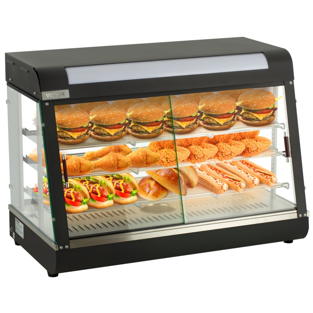 Commercial Food Warmer Display, 3 Tiers, 1800W Pizza Warmer w/ 3D Heating 3-Color Lighting Bottom Fan, Countertop Pastry Warmer w/Temp Knob Display 0.6L Water Tray, Stainless Frame Glass Doors