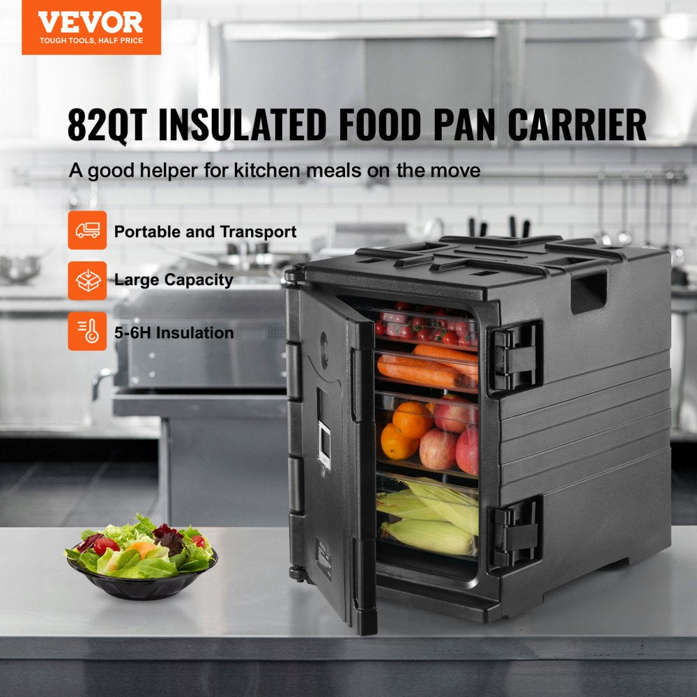 Insulated Food Pan Carrier, 82 Qt Hot Box for Catering, LLDPE Food Box Carrier w/ Double Buckles, Front Loading Food Warmer w/ Handles, Stackable End Loader for Restaurant, Canteen, etc. Black