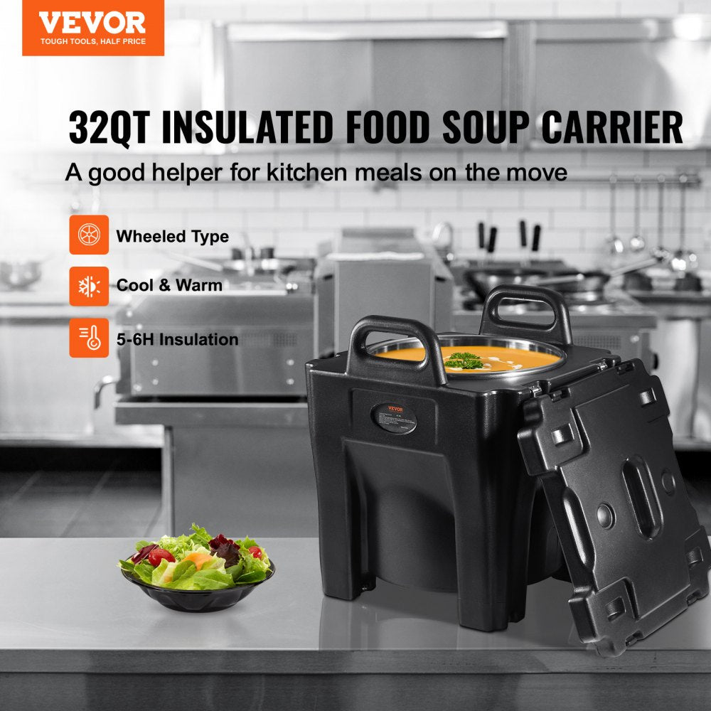 Insulated Food Carrier, 32Qt Capacity, Stackable Catering Hot Box w/Stainless Steel Barrel, Top Load LLDPE Food Warmer w/Integral Handles Buckles Stationary Base, for Restaurant Canteen, Black