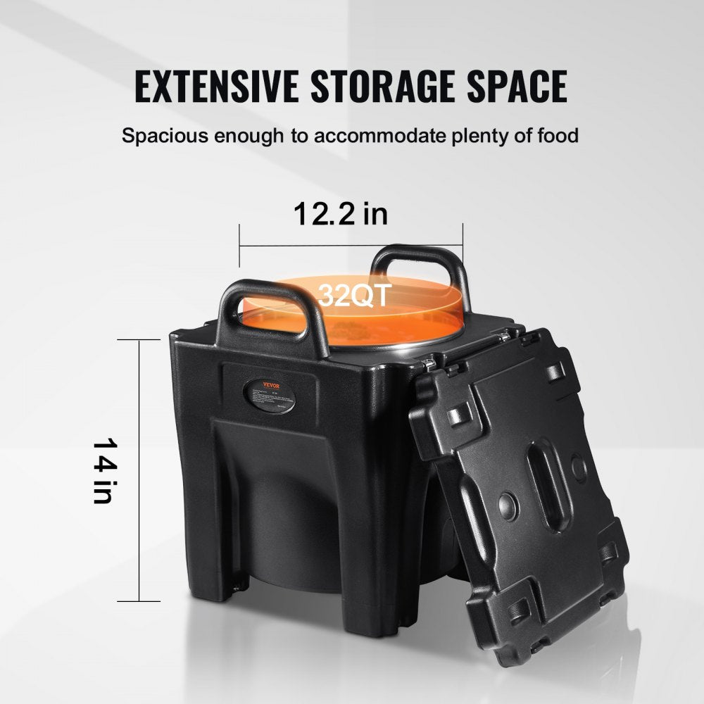 Insulated Food Carrier, 32Qt Capacity, Stackable Catering Hot Box w/Stainless Steel Barrel, Top Load LLDPE Food Warmer w/Integral Handles Buckles Stationary Base, for Restaurant Canteen, Black