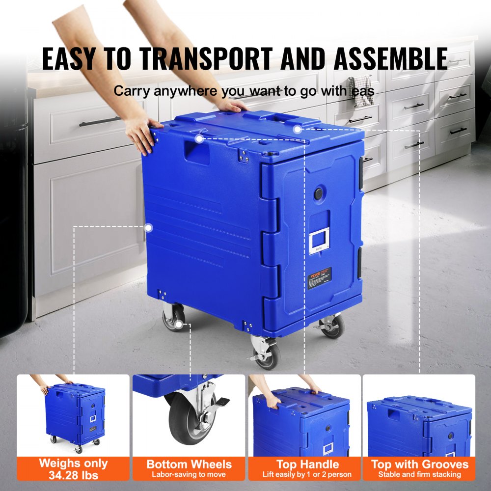 Insulated Food Pan Carrier, 82 Qt Hot Box for Catering, LLDPE Food Box Carrier w/One-Piece Buckle, Front Loading Food Warmer w/Handles, End Loader w/Wheels for Restaurant, Canteen, etc. Blue