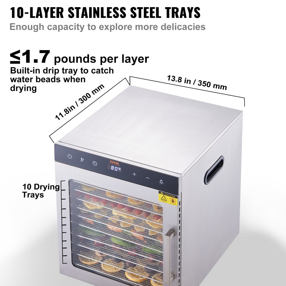 Electric Food Dehydrator Machine, 800W Electric Food Dryer, 10 Stainless Steel Trays, with Digital Adjustable Timer & Temperature for Jerky, Herb, Meat, Beef, Fruit, Dog Treats and Vegetables