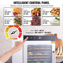 Electric Food Dehydrator Machine, 800W Electric Food Dryer, 10 Stainless Steel Trays, with Digital Adjustable Timer & Temperature for Jerky, Herb, Meat, Beef, Fruit, Dog Treats and Vegetables