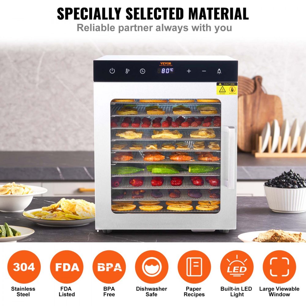 Electric Food Dehydrator Machine, 800W Electric Food Dryer, 10 Stainless Steel Trays, with Digital Adjustable Timer & Temperature for Jerky, Herb, Meat, Beef, Fruit, Dog Treats and Vegetables