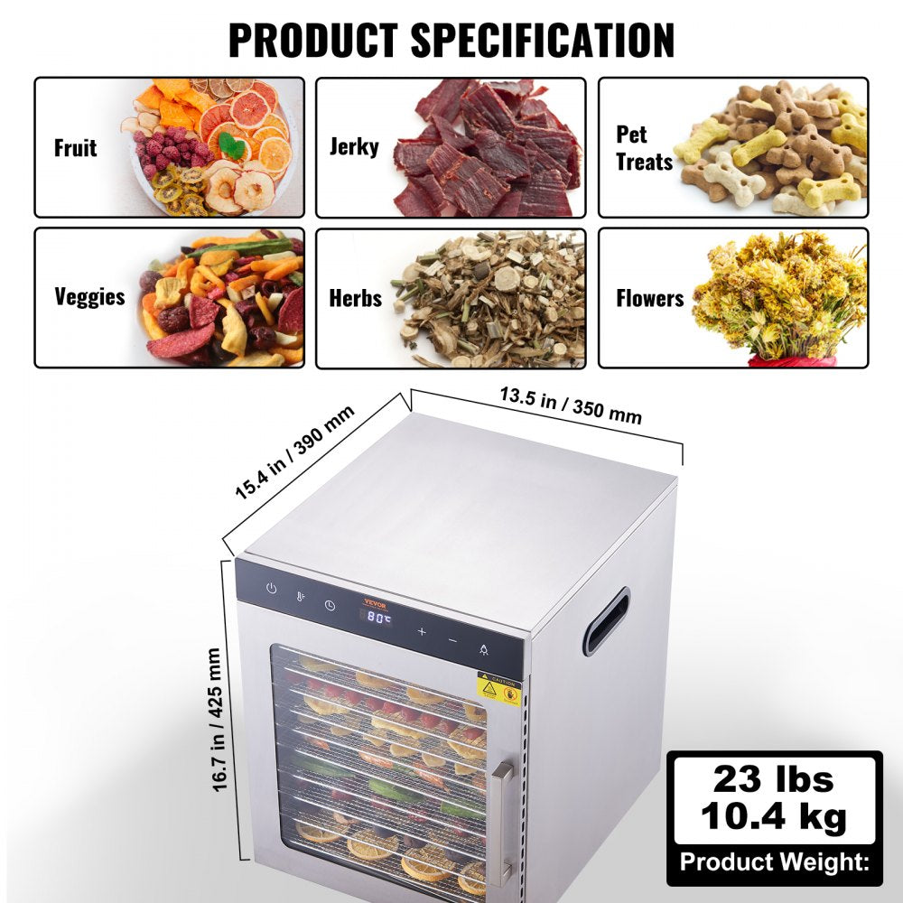 Electric Food Dehydrator Machine, 800W Electric Food Dryer, 10 Stainless Steel Trays, with Digital Adjustable Timer & Temperature for Jerky, Herb, Meat, Beef, Fruit, Dog Treats and Vegetables