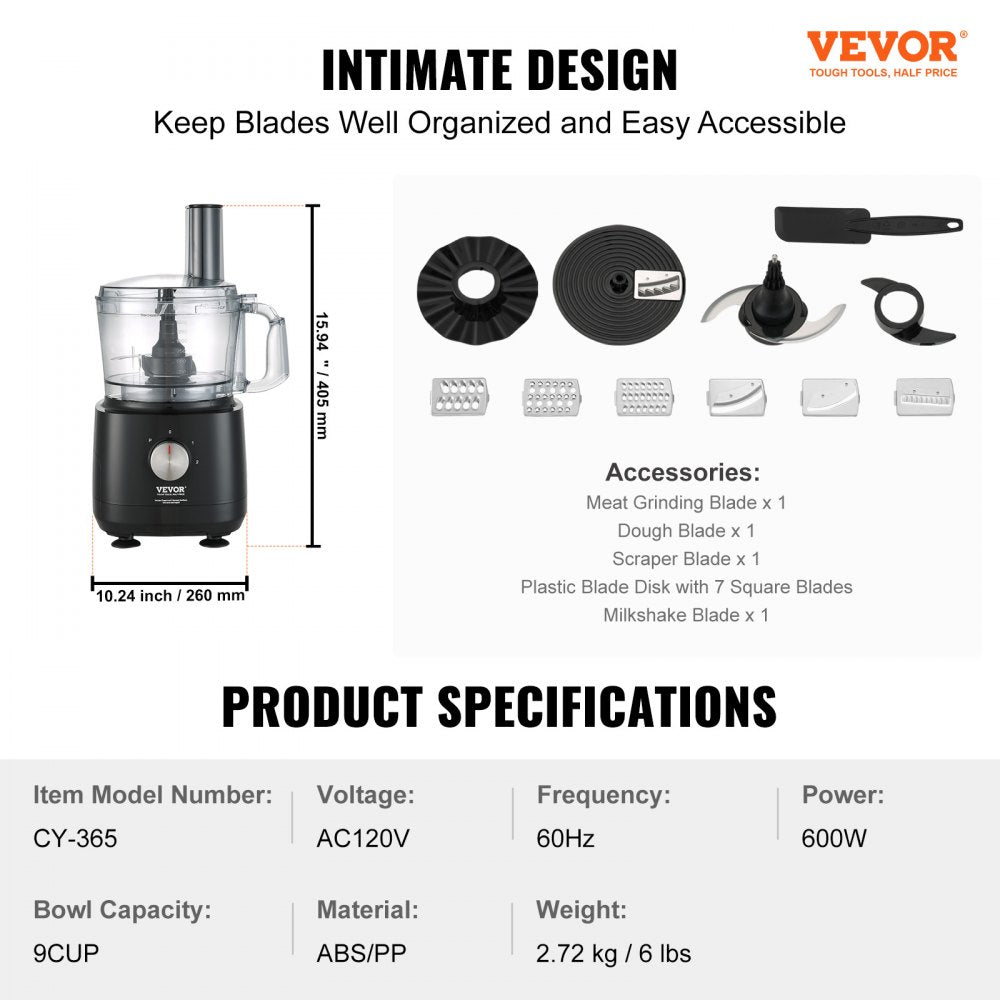 Food Processor, 9-Cup Vegetable Chopper for Chopping, Slicing, Shredding, Puree, and Kneading, 600 Watts Stainless Steel Blade Professional Electric Food Chopper, Easy Assembly & Clean, Black
