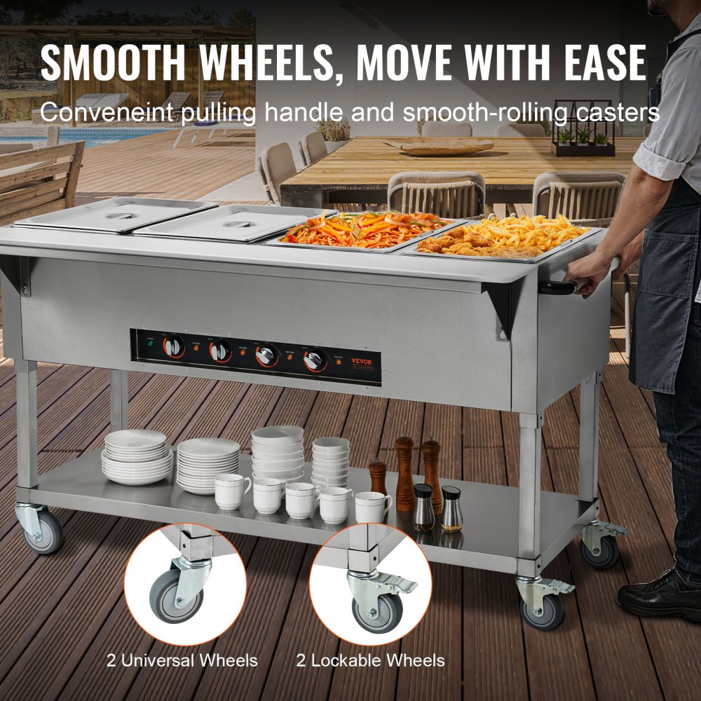 4-Pan Commercial Food Warmer, 4 x 20.6QT Electric Steam Table, 2000W Professional Buffet Catering Food Warmer with 4 Wheels (2 Lockable), Food Grade Stainless Steel Server for Party Restaurant