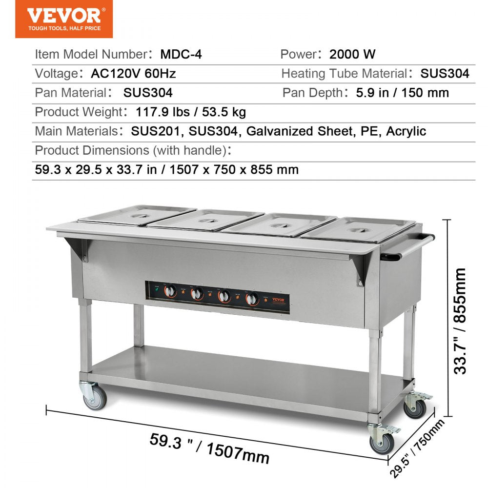4-Pan Commercial Food Warmer, 4 x 20.6QT Electric Steam Table, 2000W Professional Buffet Catering Food Warmer with 4 Wheels (2 Lockable), Food Grade Stainless Steel Server for Party Restaurant