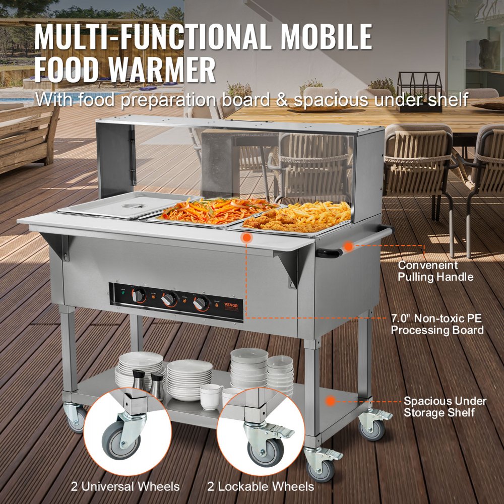 3-Pan Commercial Food Warmer, 3 x 20.6QT Electric Steam Table, 1500W Professional Buffet Catering Food Warmer with Acrylic Sneeze Guard, Food Grade Stainless Steel Server for Party Restaurant