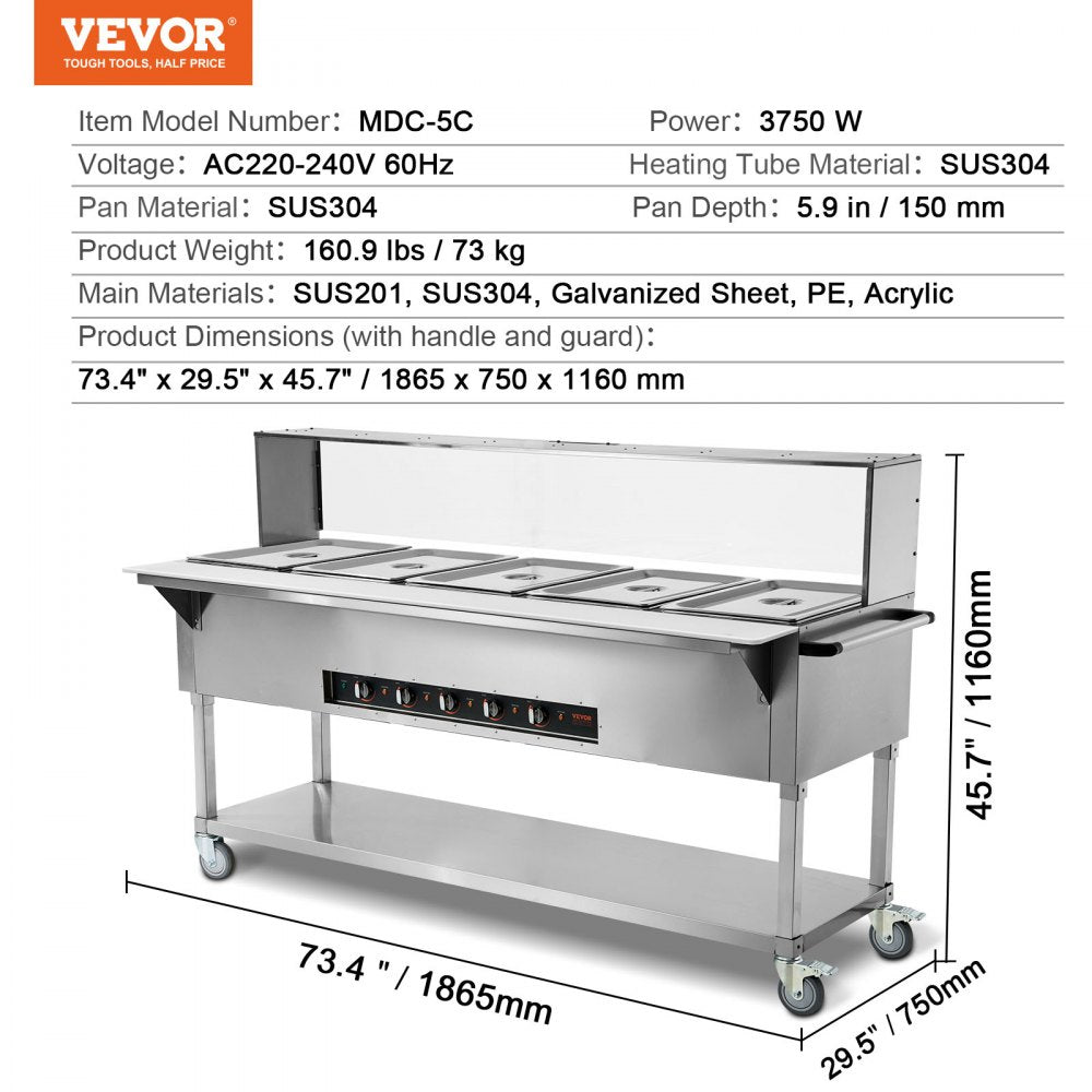 5-Pan Commercial Food Warmer, 5 x 20.6QT Electric Steam Table, 3750W Professional Buffet Catering Food Warmer with Acrylic Sneeze Guard, Food Grade Stainless Steel Server for Party Restaurant