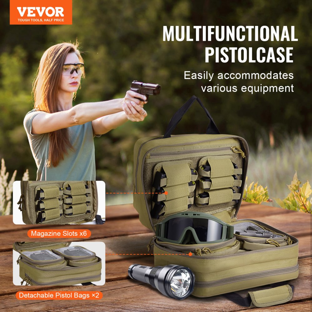 Range Bag for 2 Pistols Tactical Gun Bag 2 Built-in Pistol Bags Brown，Range Bag for Handguns Gun Case Bag with Lockable Zipper for Shooting Range Outdoor Hunting