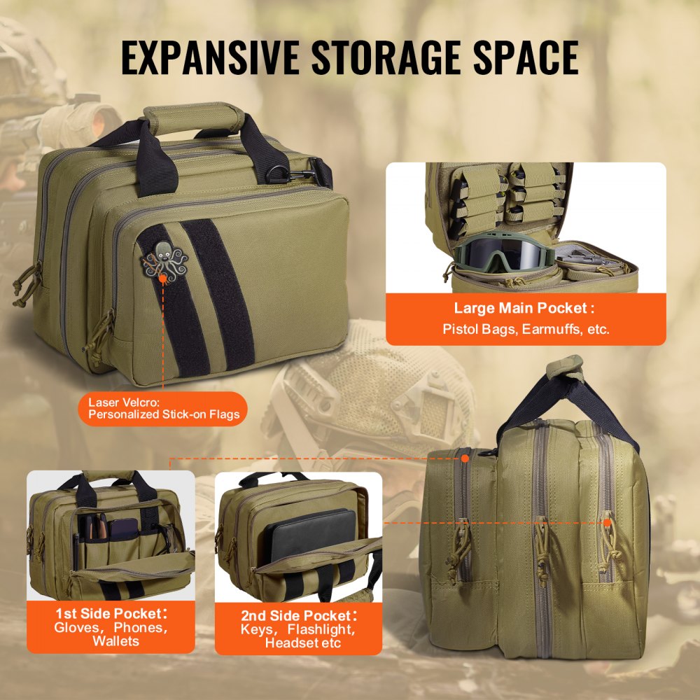 Range Bag for 2 Pistols Tactical Gun Bag 2 Built-in Pistol Bags Brown，Range Bag for Handguns Gun Case Bag with Lockable Zipper for Shooting Range Outdoor Hunting
