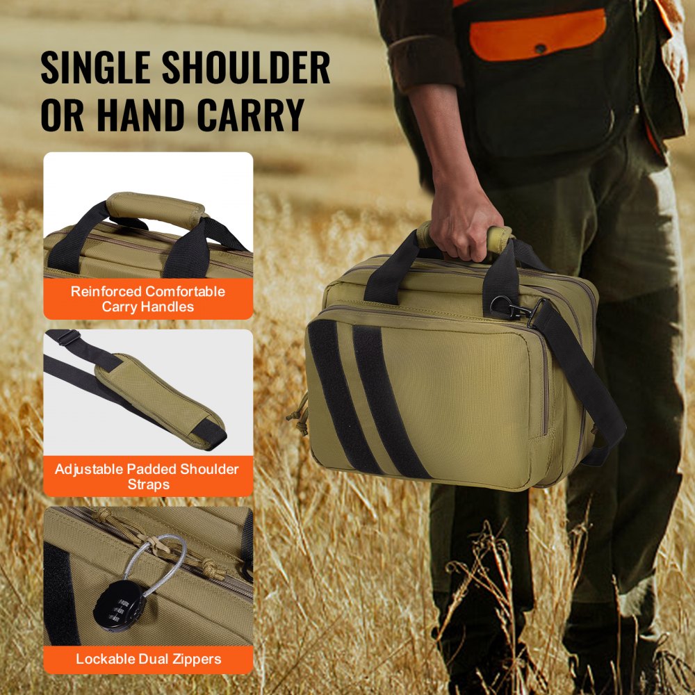 Range Bag for 2 Pistols Tactical Gun Bag 2 Built-in Pistol Bags Brown，Range Bag for Handguns Gun Case Bag with Lockable Zipper for Shooting Range Outdoor Hunting