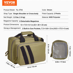 Range Bag for 2 Pistols Tactical Gun Bag 2 Built-in Pistol Bags Brown，Range Bag for Handguns Gun Case Bag with Lockable Zipper for Shooting Range Outdoor Hunting
