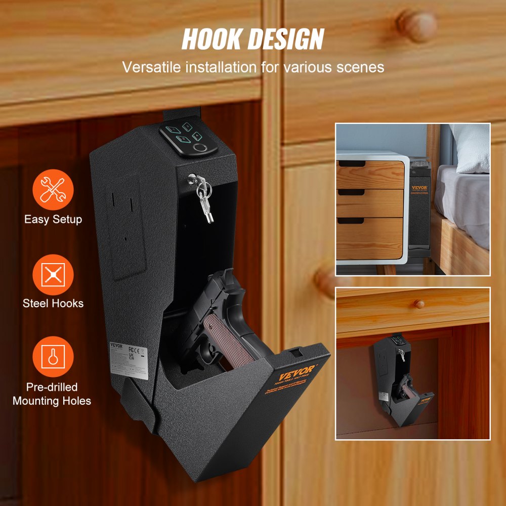 Mounted Gun Safe for Pistols, Biometric Gun Safe with Three Quick Access Ways of Fingerprints, Passwords and Keys, Handgun Safe for 1 Pistol for Home, Bedside, Nightstand, Wall