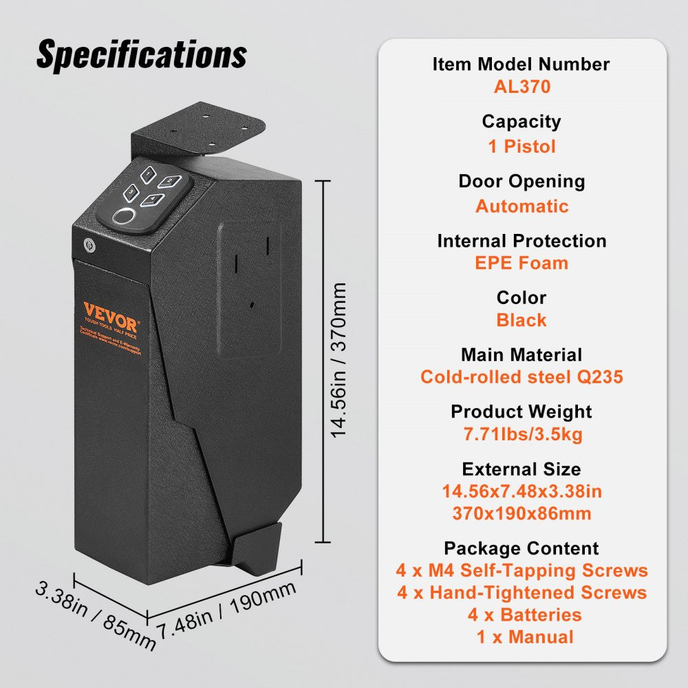 Mounted Gun Safe for Pistols, Biometric Gun Safe with Three Quick Access Ways of Fingerprints, Passwords and Keys, Handgun Safe for 1 Pistol for Home, Bedside, Nightstand, Wall
