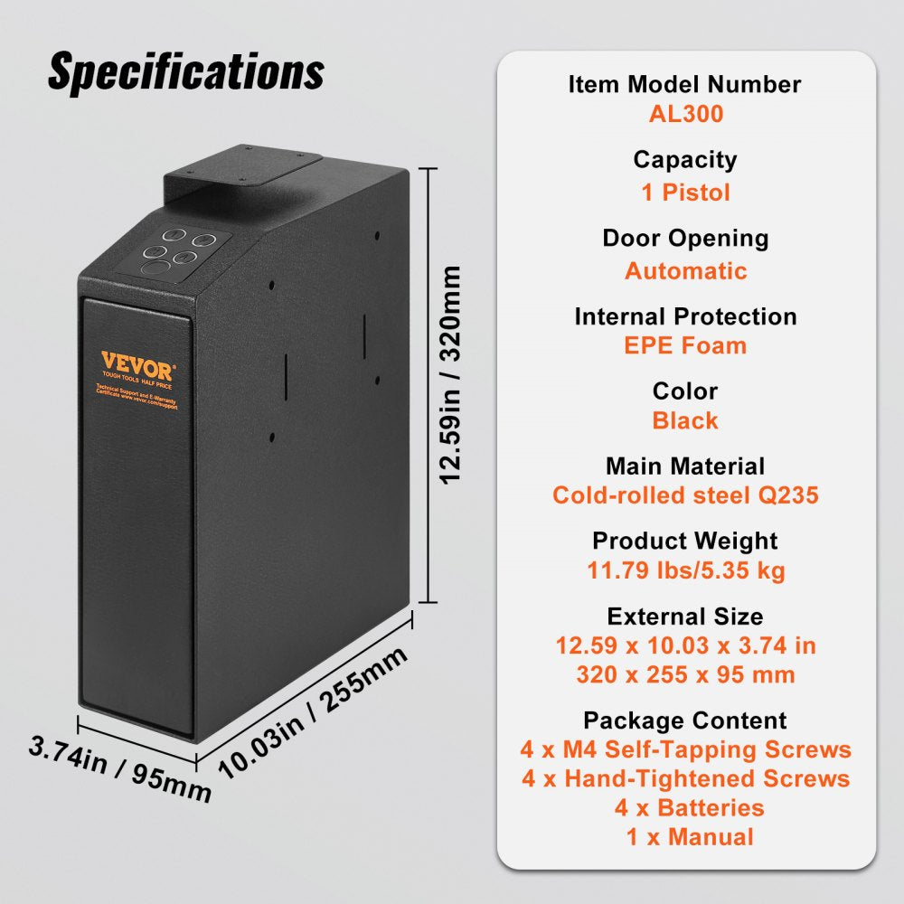 Mounted Gun Safe for Pistols, Biometric Gun Safe with Three Quick Access Ways of Fingerprints, Passwords and Keys, Handgun Safe for 1 Pistol for Home, Bedside, Nightstand, Wall