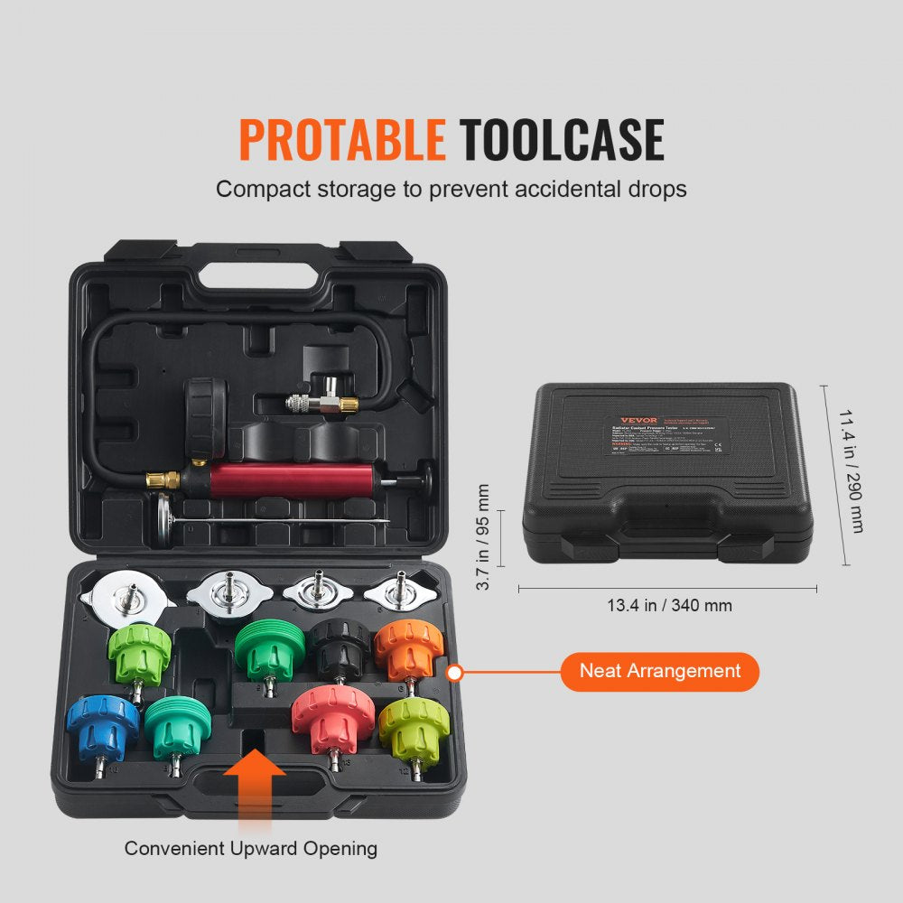 14 pcs Universal Radiator Pressure Tester Kit, Coolant Pressure Tester Kit with Manual Pump and Color-coded Steel Test Cap Adapters, with Toolbox, For Cars Motorcycles Trucks Cooling System