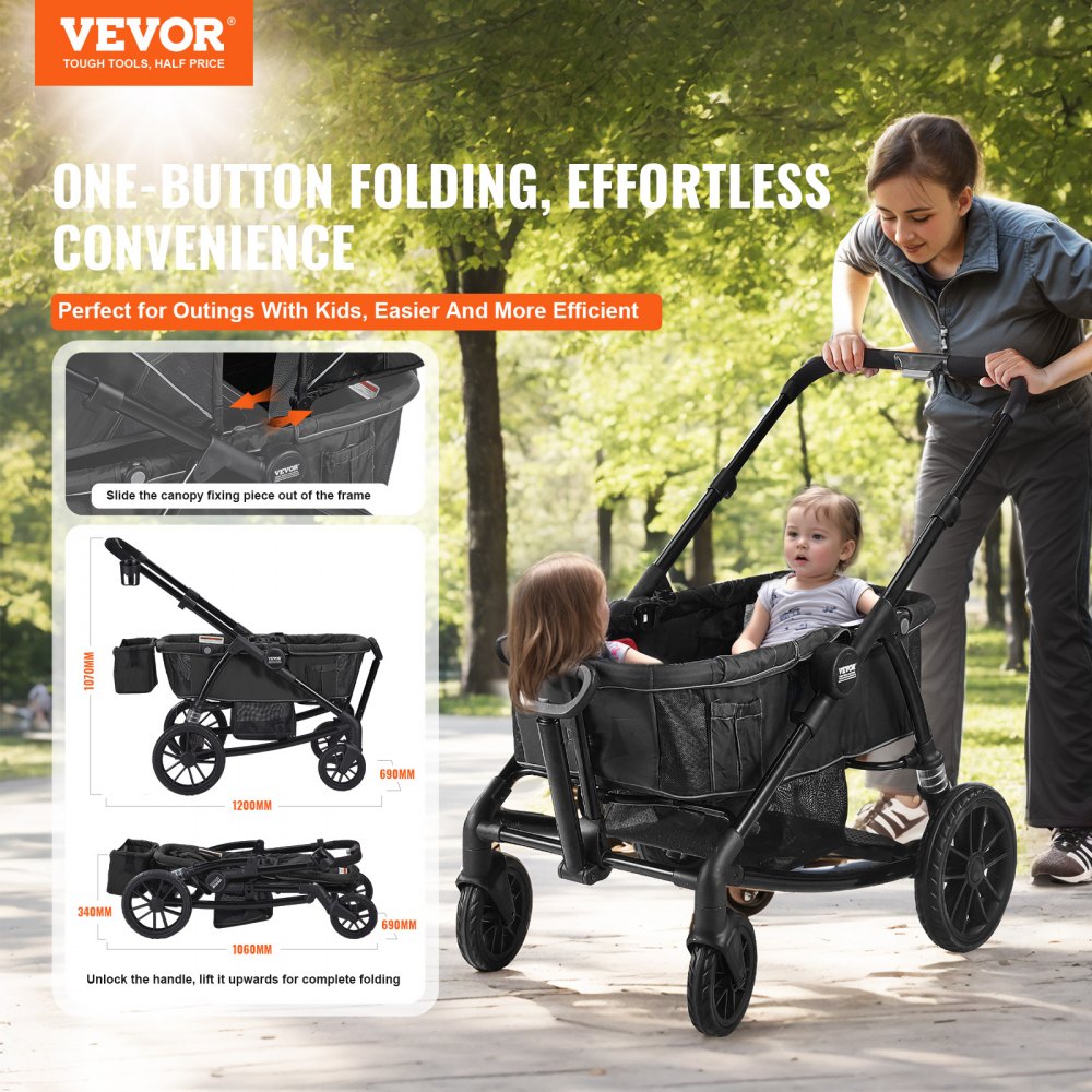 All-Terrain Stroller Wagon, 2 Seats Foldable Expedition 2-in-1 Collapsible Wagon Stroller, Includes Canopy, Parent Organizer, Snack Tray & Cup Holders, 55lbs for Single Seat, Black