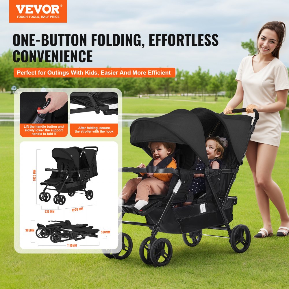 Double Stroller Foldable Lightweight Twin Tandem Stroller Black