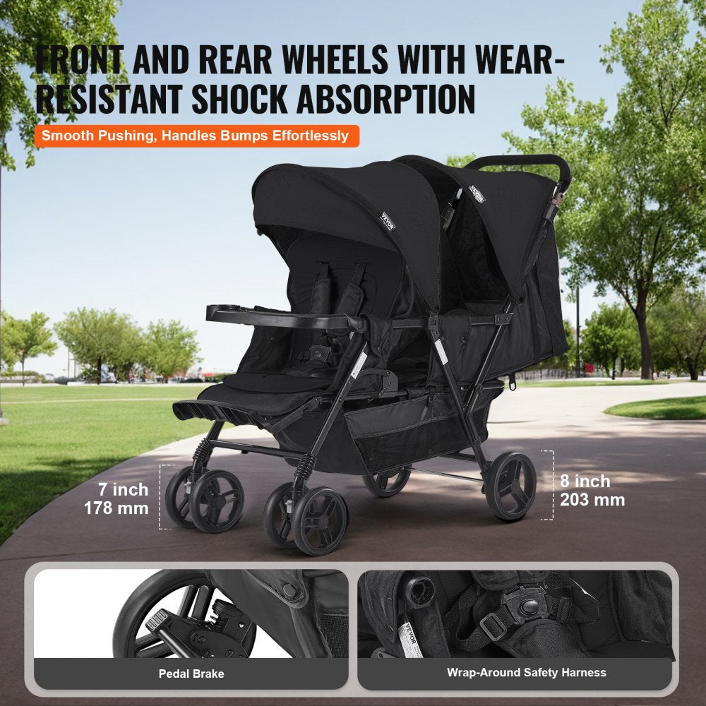 Double Stroller Foldable Lightweight Twin Tandem Stroller Black