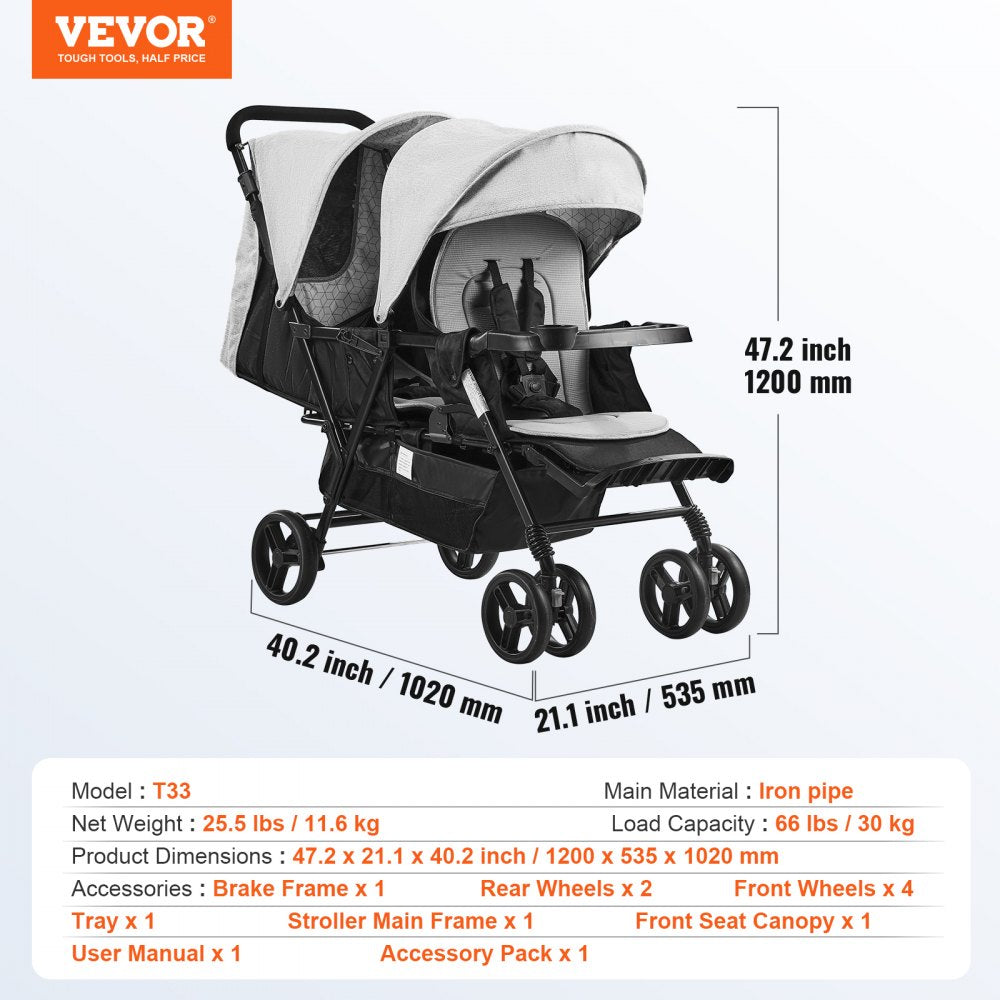 Double Stroller Foldable Lightweight Twin Tandem Stroller Light Gray+Black