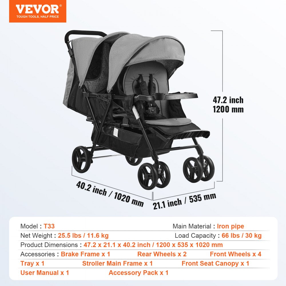 Double Stroller Foldable Lightweight Twin Tandem Stroller Dark Gray