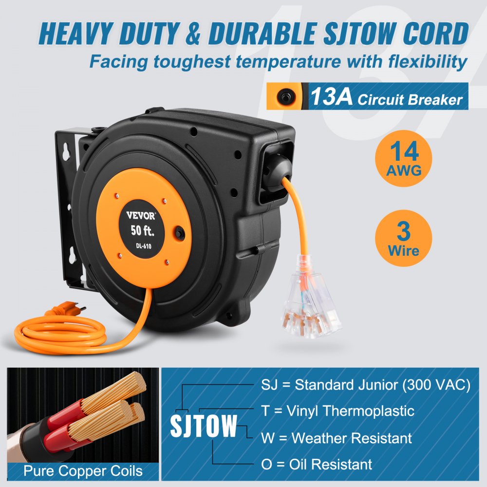 50ft Retractable Extension Cord Reel 14AWG/3CSJTOW Power Cord Reel
