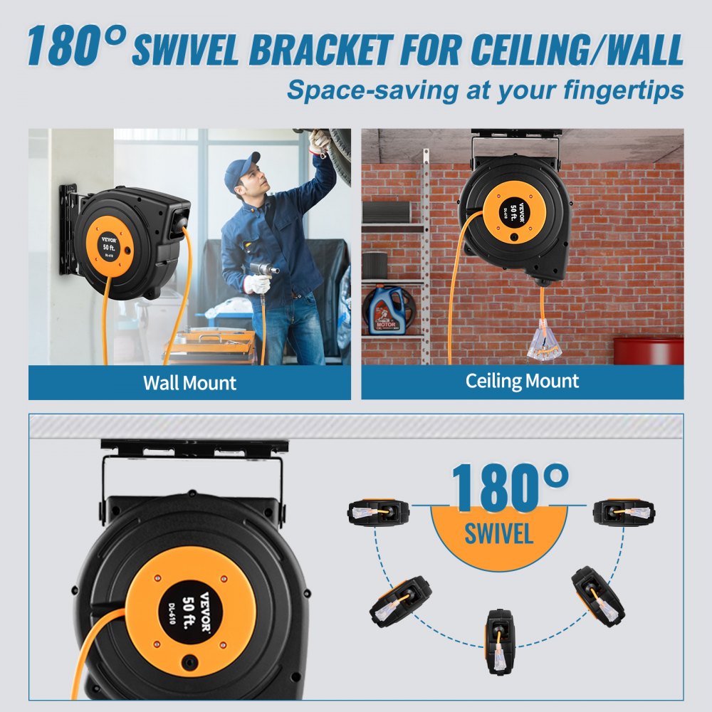 50ft Retractable Extension Cord Reel 14AWG/3CSJTOW Power Cord Reel
