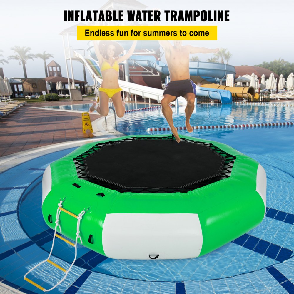 Bostome 10FT inflatable water trampoline in green and white with a large bouncing surface.
