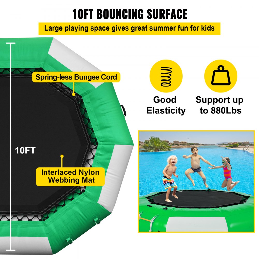 Green and white 10FT inflatable water trampoline with a large bouncing surface and durable construction.