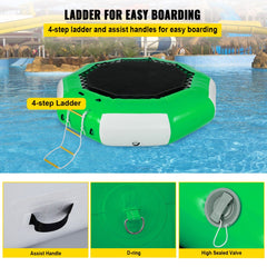 Green and white 10FT inflatable water trampoline with a large bouncing surface and durable construction.
