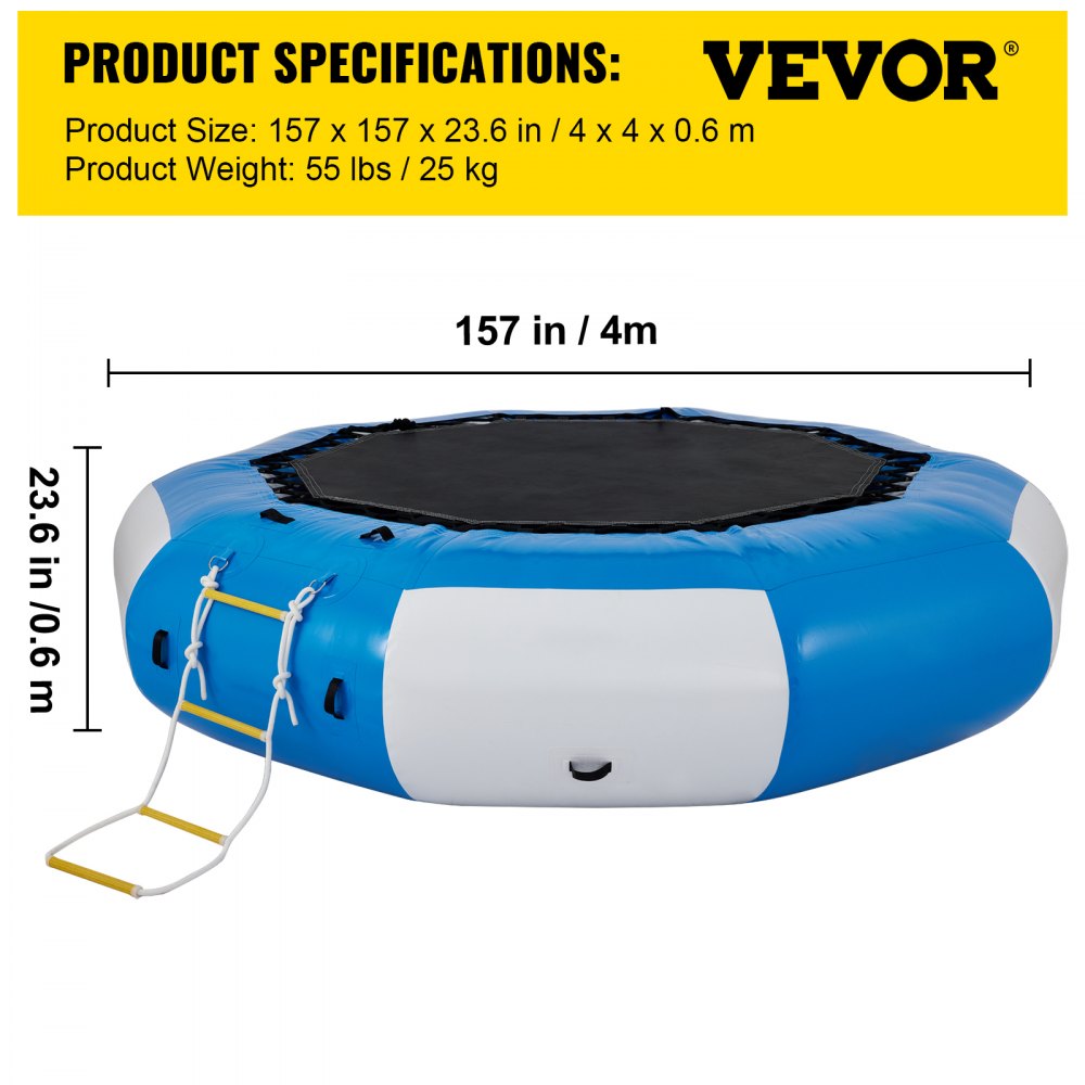13ft Inflatable Water Bouncer, Water Trampoline Splash Padded Inflatable Bouncer Bounce Swim Platform for Water Sports