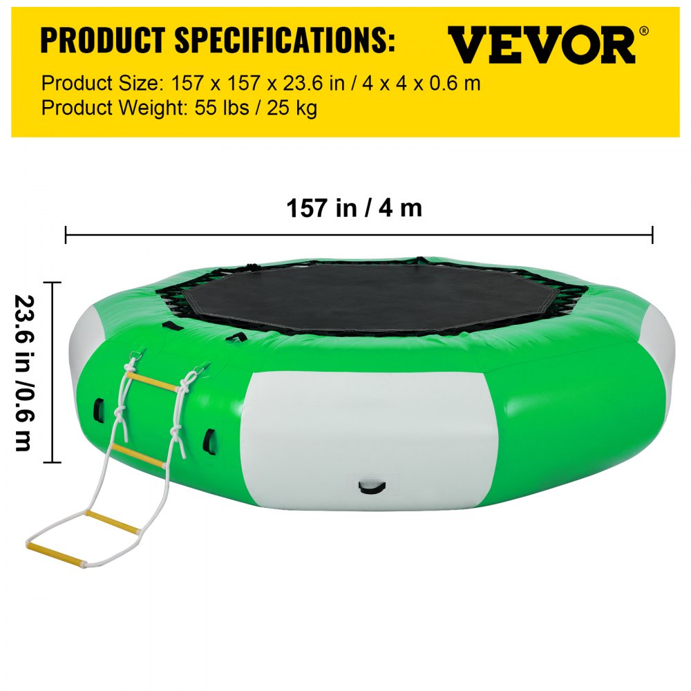 13ft Inflatable Water Bouncer, Green Water Trampoline Splash Padded Inflatable Bouncer Bounce Swim Platform for Water Sports
