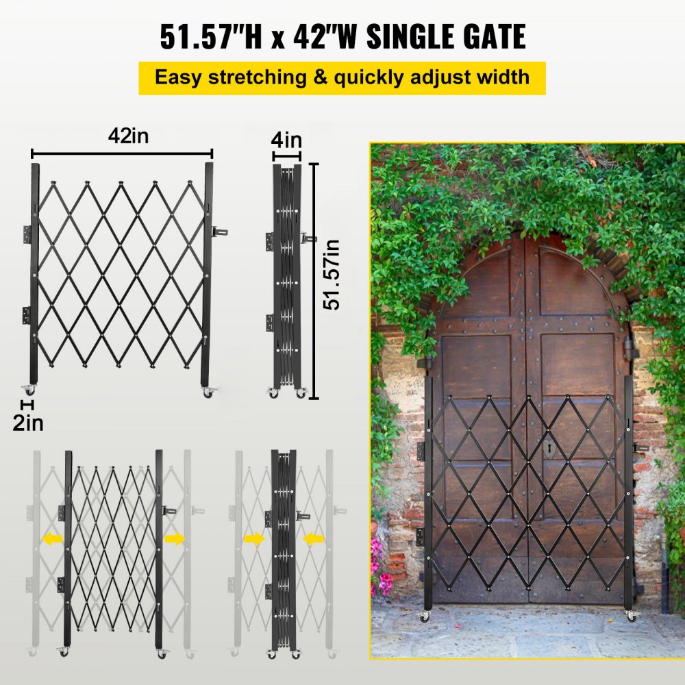 Single Folding Security Gate, 48" H x 37" W Folding Door Gate, Steel Accordion Security Gate, Flexible Expanding Security Gate, 360° Rolling Barricade Gate, Scissor Gate or Door with Padlock