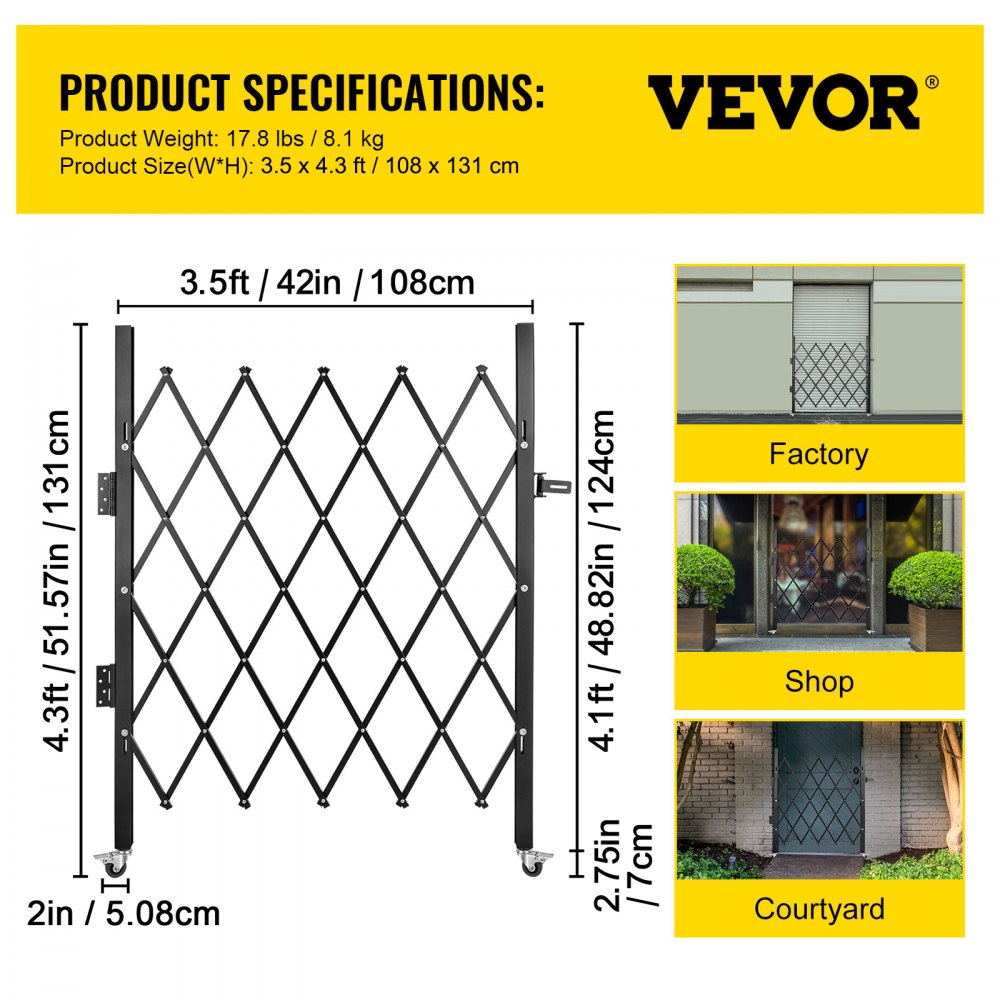 Single Folding Security Gate, 48" H x 37" W Folding Door Gate, Steel Accordion Security Gate, Flexible Expanding Security Gate, 360° Rolling Barricade Gate, Scissor Gate or Door with Padlock